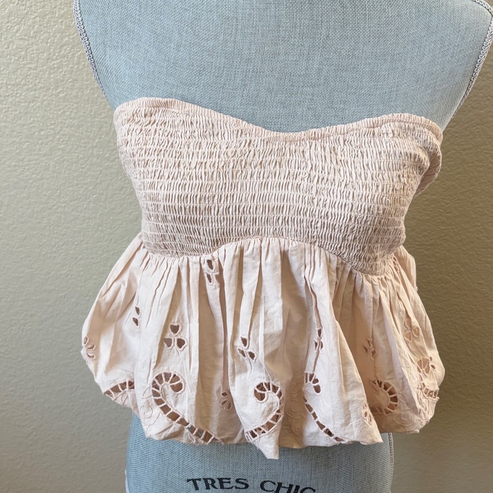 Zara Smocked Strapless Peplum Crop Top Beige Eyelet Embroidered 100% Cotton XS